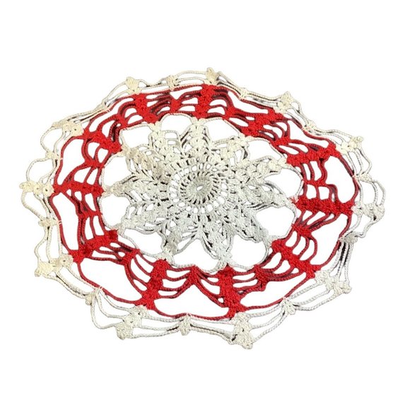 Handmade Doily Crochet Tablecloth  Round Red & White Elegant Table Mat Décor H - Picture 2 of 5